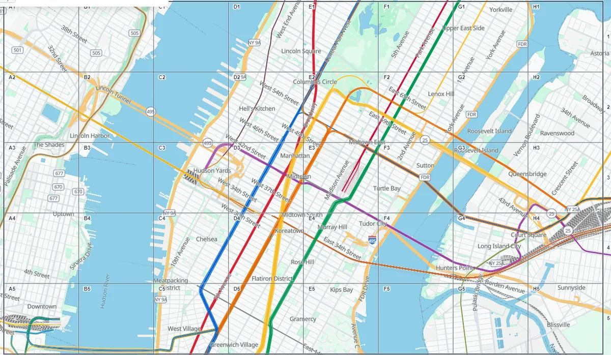 A map reference grid over Midtown Manhattan with columns A to H and rows 1 to 5, each cell labelled, such as E3 over Manhattan and D4 near Koreatown