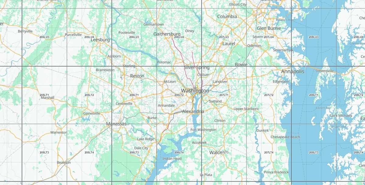 The GARS grid over Washington, DC and the Chesapeake Bay, with cell labels such as 206LT2 and 207LU3