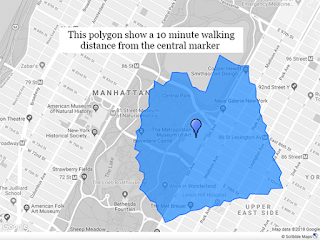 Isochrone map showing 10 minute walking distance in New York 
