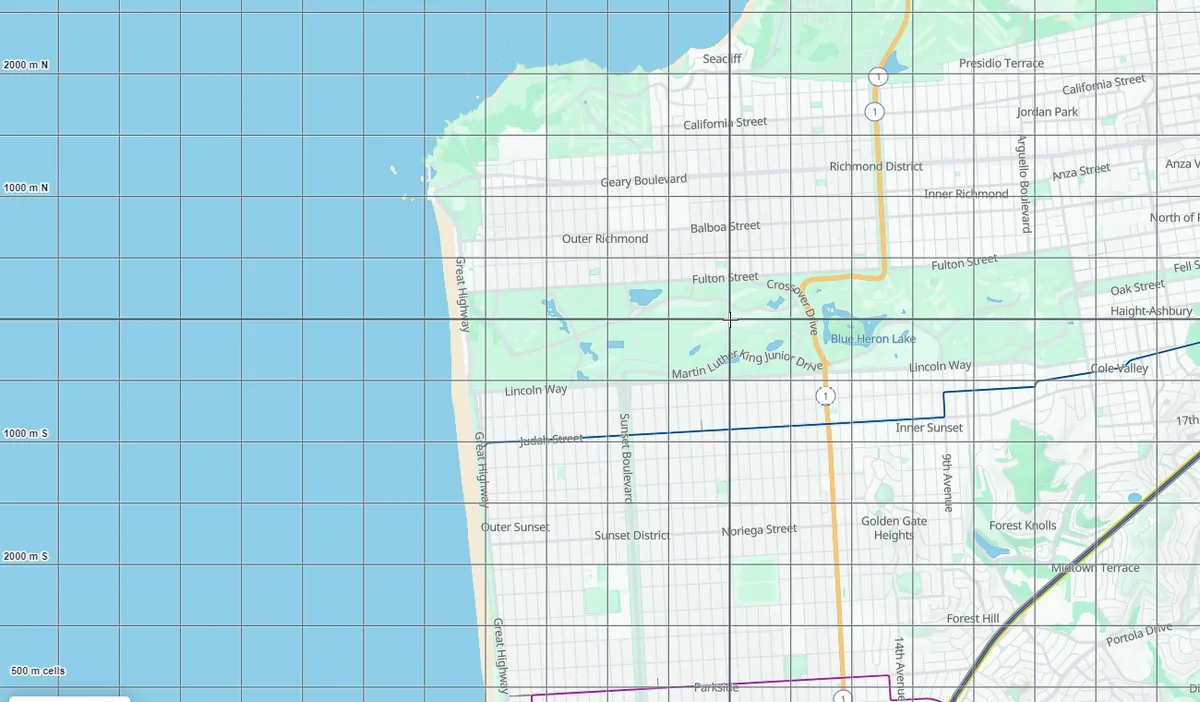 A 500 meter square grid over western San Francisco and Golden Gate Park, with distance labels such as 1000 m E and 2000 m N along the edges