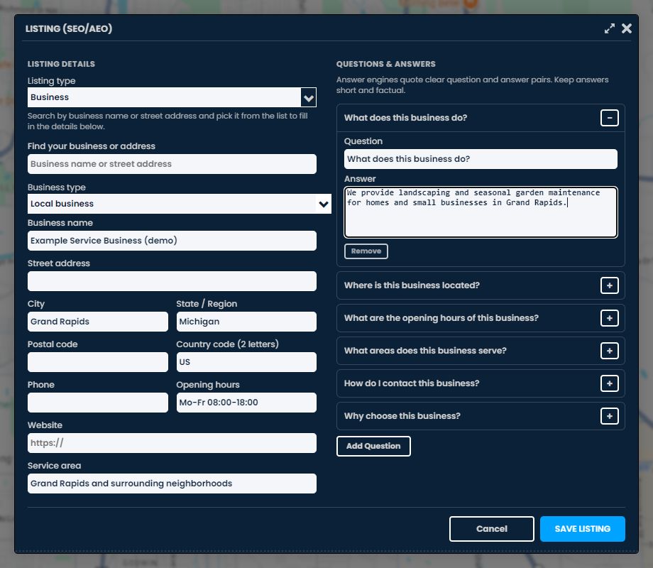 Scribble Maps Listing (SEO/AEO) editor with business details and Questions & Answers.