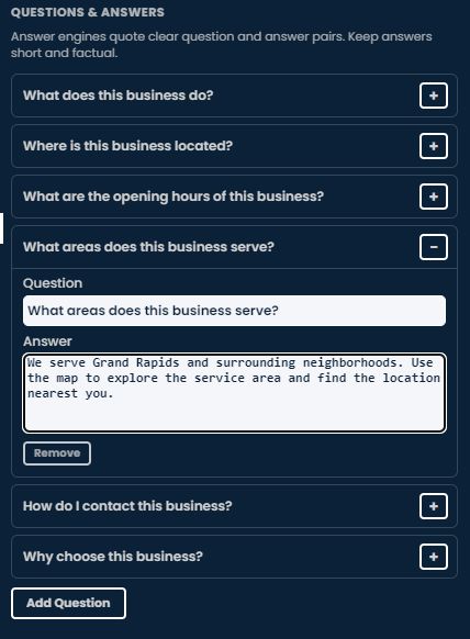 Scribble Maps Questions & Answers editor showing a service-area question and answer.