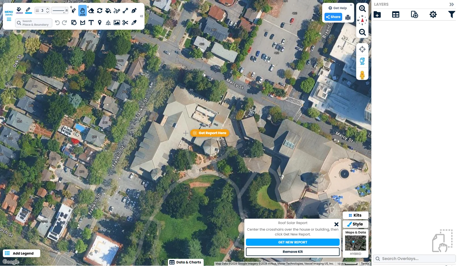 Trådkorset over taget på Mountain View Public Library med den orange knap 'Get Report Here' ved siden af og panelet 'Roof Solar Report' i hjørnet