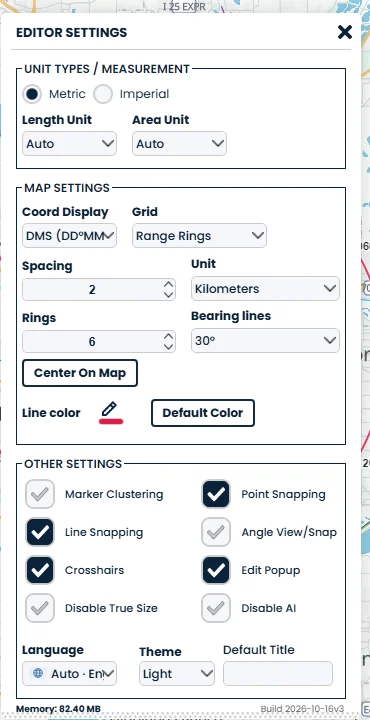 The Settings panel with the Grid set to Range Rings: spacing 2, unit kilometers, 6 rings, bearing lines every 30 degrees, a Center On Map button and a line color picker