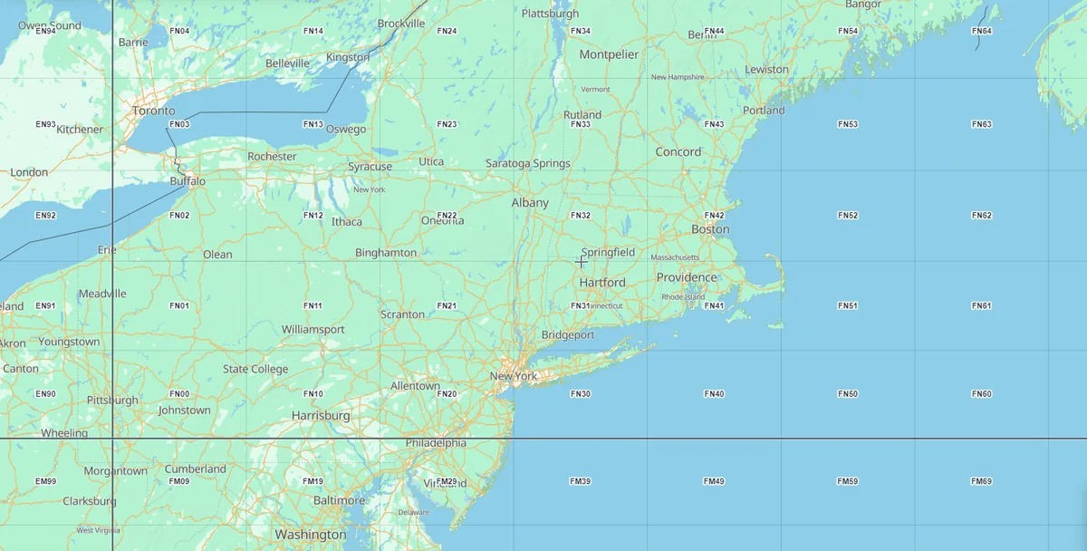 Maidenhead grid squares over New York and New England, with squares such as FN31 around Hartford and FN42 around Boston