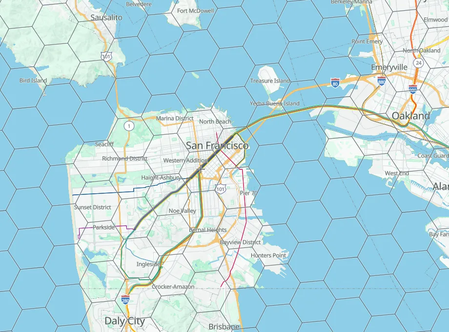 H3 hexagons at resolution 7 covering San Francisco, Oakland and the Bay