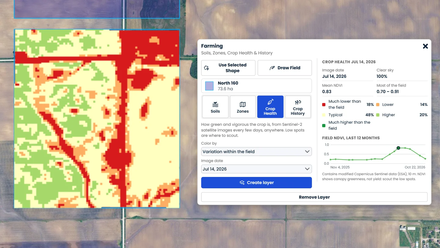 The Farming kit showing crop health for a field in Iowa from a Sentinel-2 image, colored by how each spot compares with the rest of the field, beside the kit panel with a chart of the field's NDVI over the last 12 months